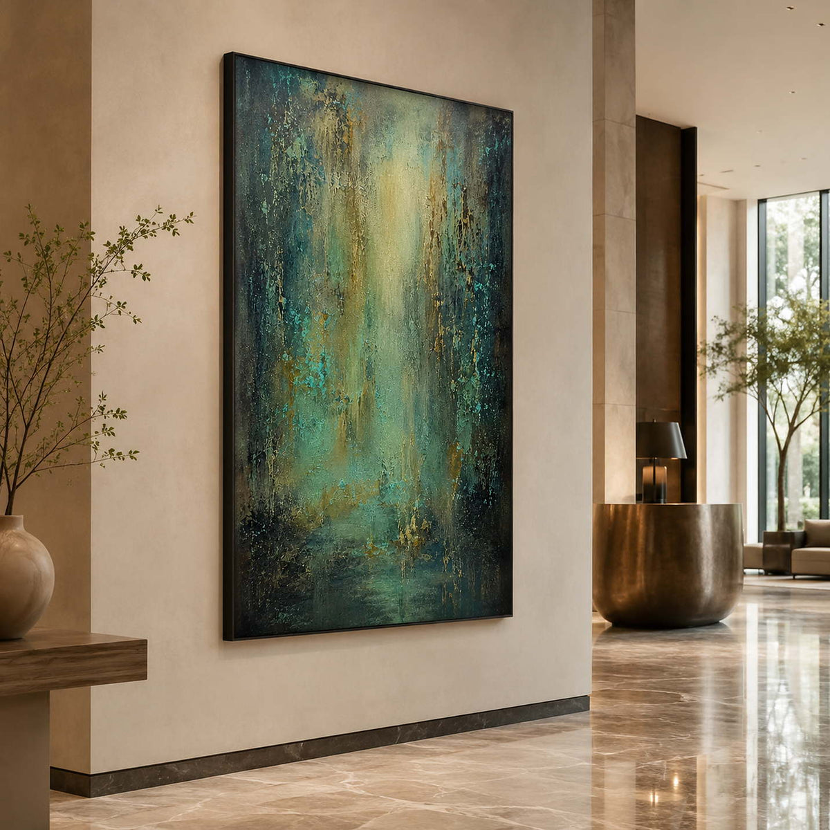 Moody textured artwork in a refined modern hotel lobby