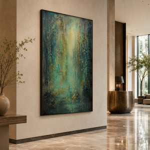 Moody textured artwork in a refined modern hotel lobby