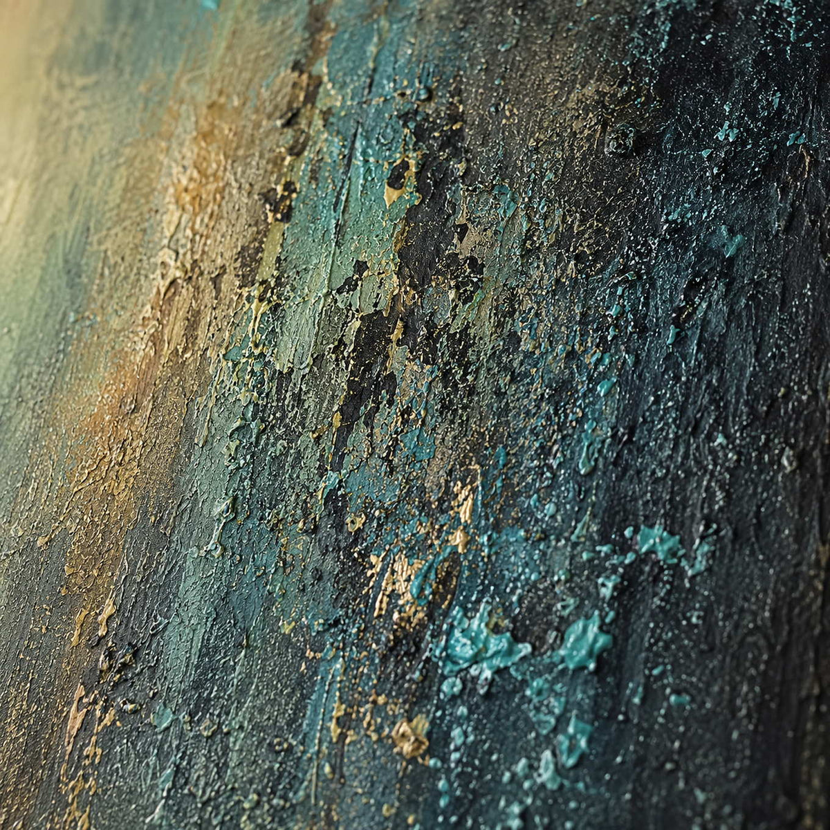 Close detail of teal charcoal and aged gold patina texture