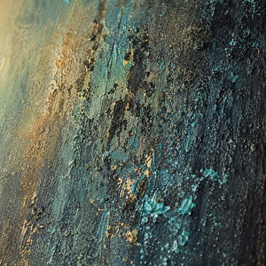Close detail of teal charcoal and aged gold patina texture
