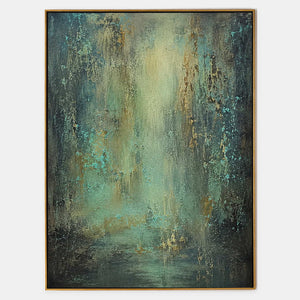 Vertical teal charcoal and aged gold textured abstract artwork