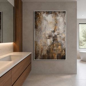 Ivory and charcoal abstract wall art in a refined bathroom.