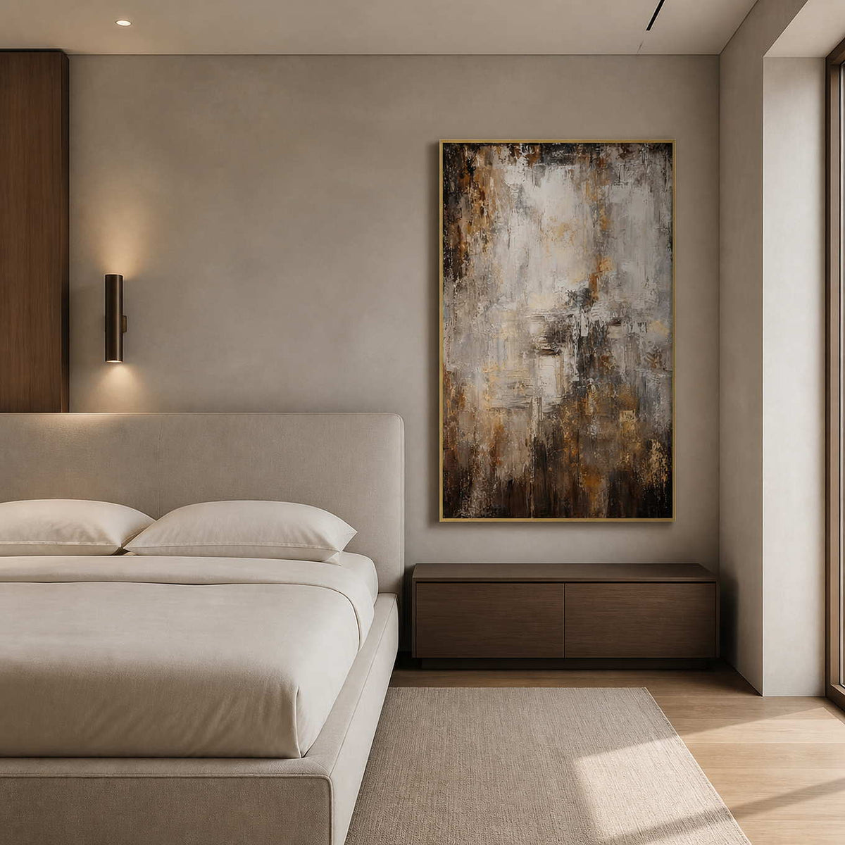 Gold-accented textured abstract painting in a serene modern bedroom.