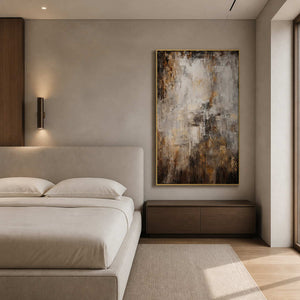 Gold-accented textured abstract painting in a serene modern bedroom.