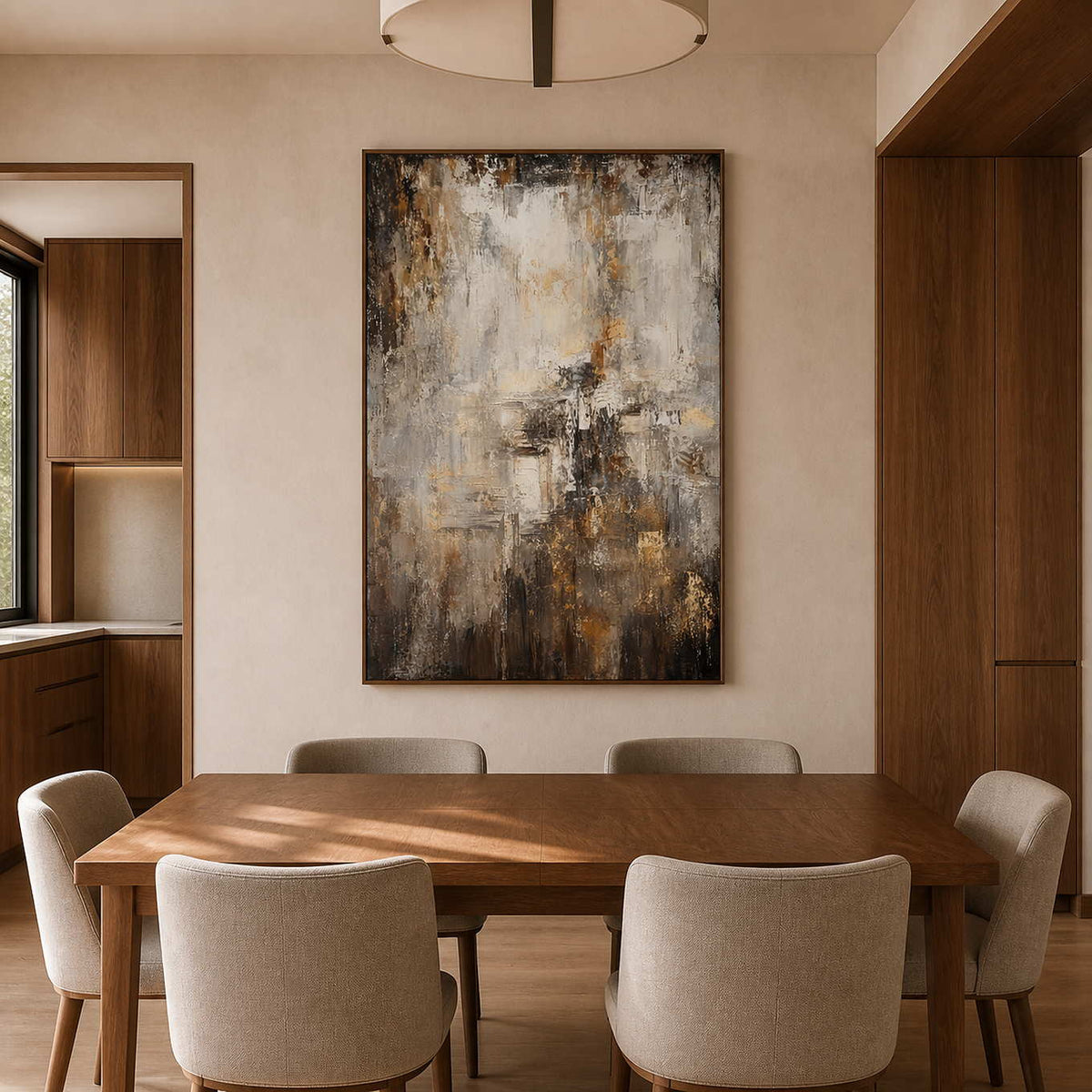Tall neutral abstract wall art above a warm wood dining table.