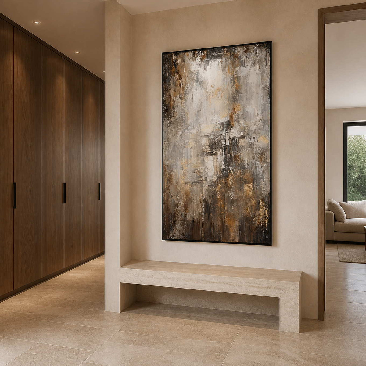 Tall textured abstract wall art grounding a warm modern entryway.