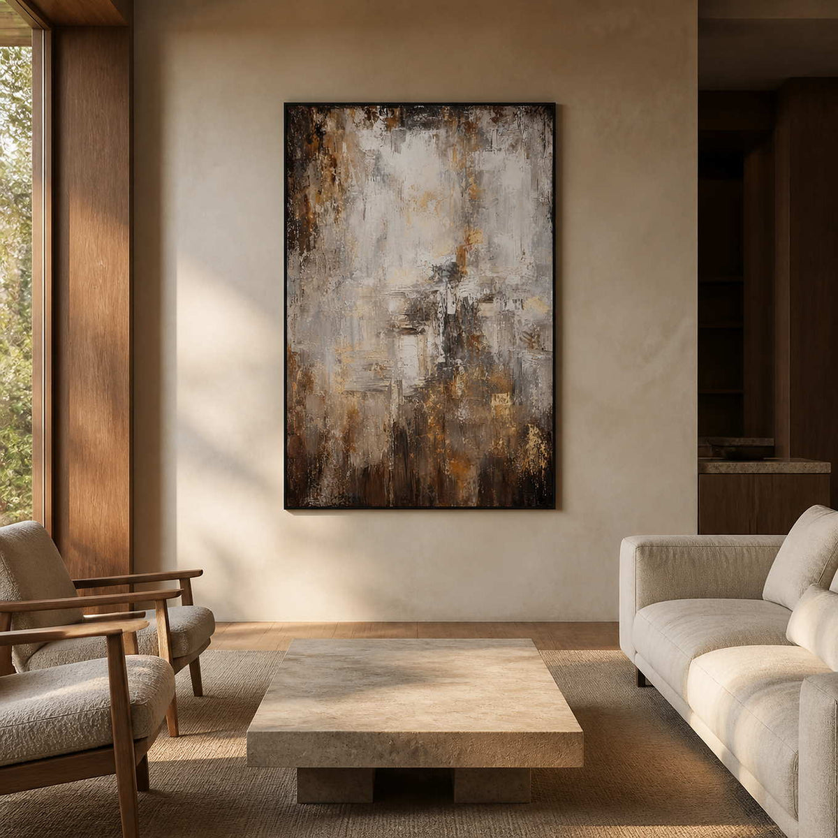 Neutral textured abstract wall art in a warm modern living room.