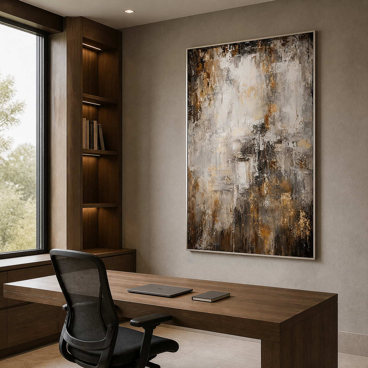 Vertical neutral abstract wall art displayed in a modern home office.