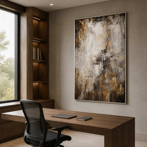 Vertical neutral abstract wall art displayed in a modern home office.