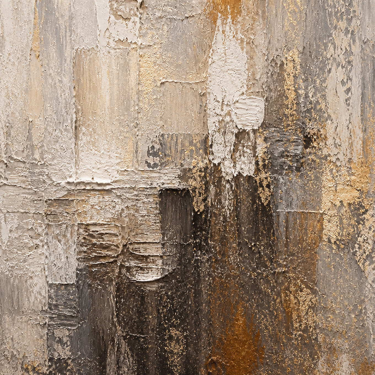 Close-up of layered ivory, charcoal, and gold palette-knife texture.