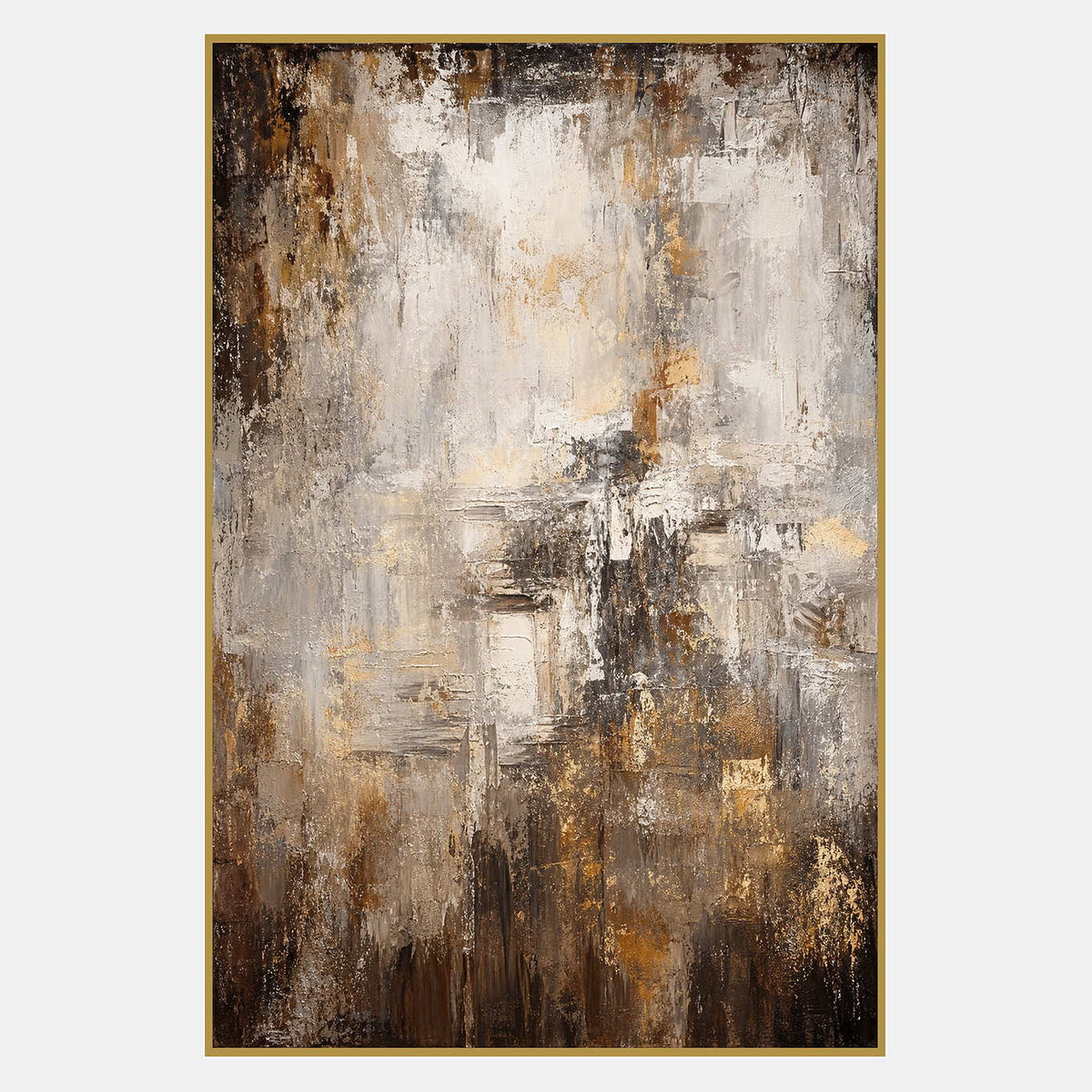Vertical abstract painting in ivory, taupe, charcoal, and burnished gold.