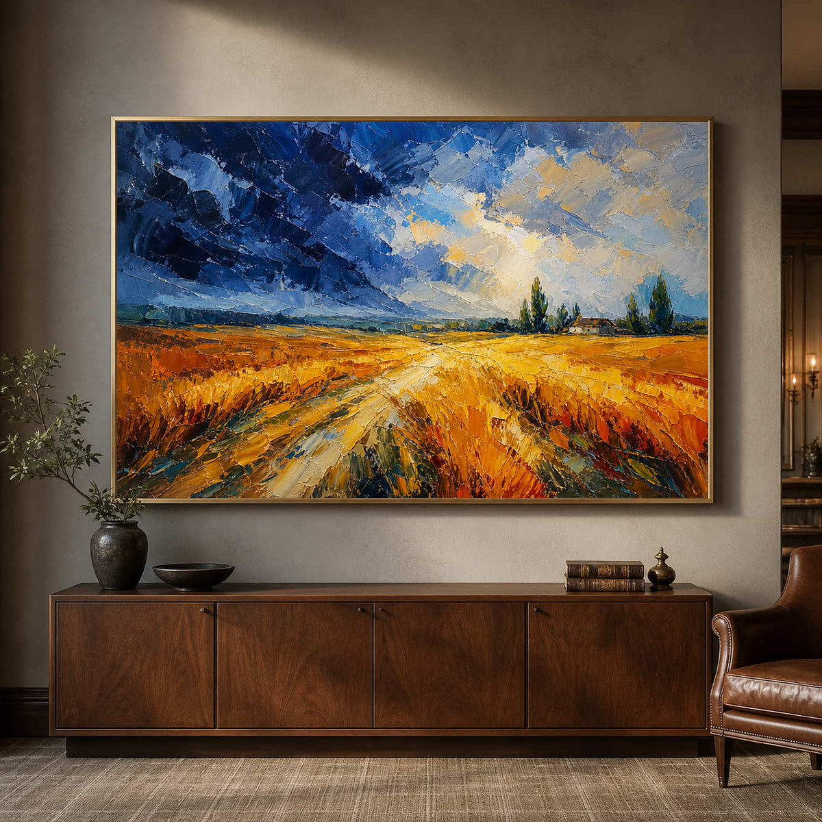 Luminous landscape wall art displayed in a private country club salon.