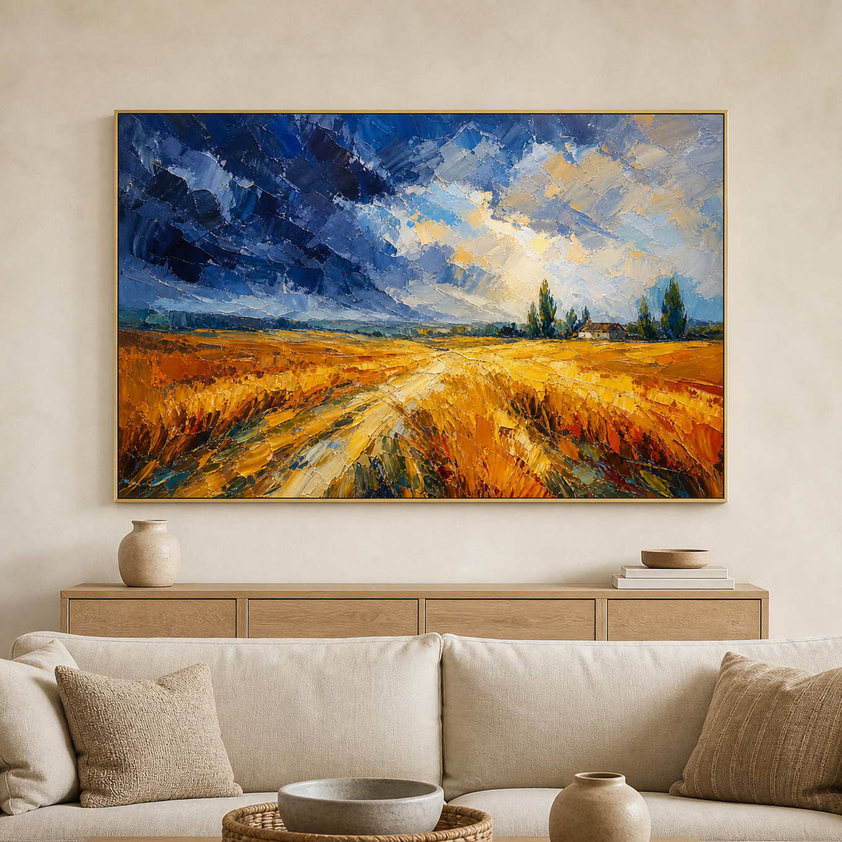 Textured golden landscape displayed in a contemporary farmhouse living room.