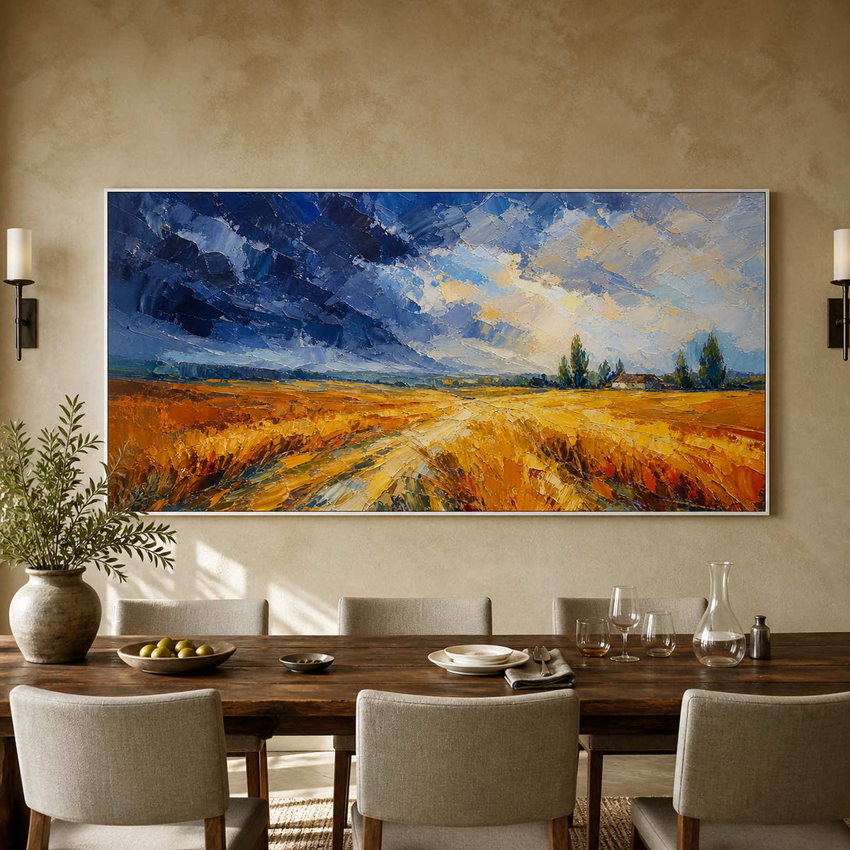 Blue and amber landscape displayed in a country hotel dining room.