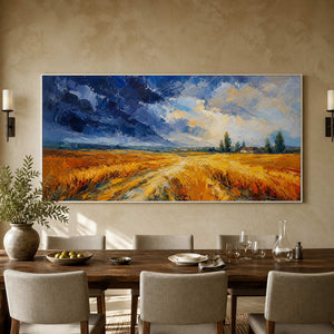 Blue and amber landscape displayed in a country hotel dining room.