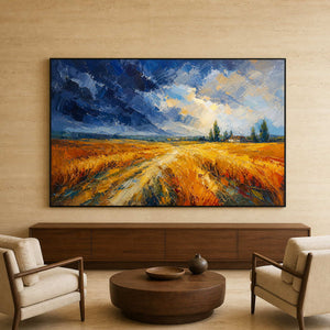 Golden field artwork displayed in a country boutique hotel lobby.