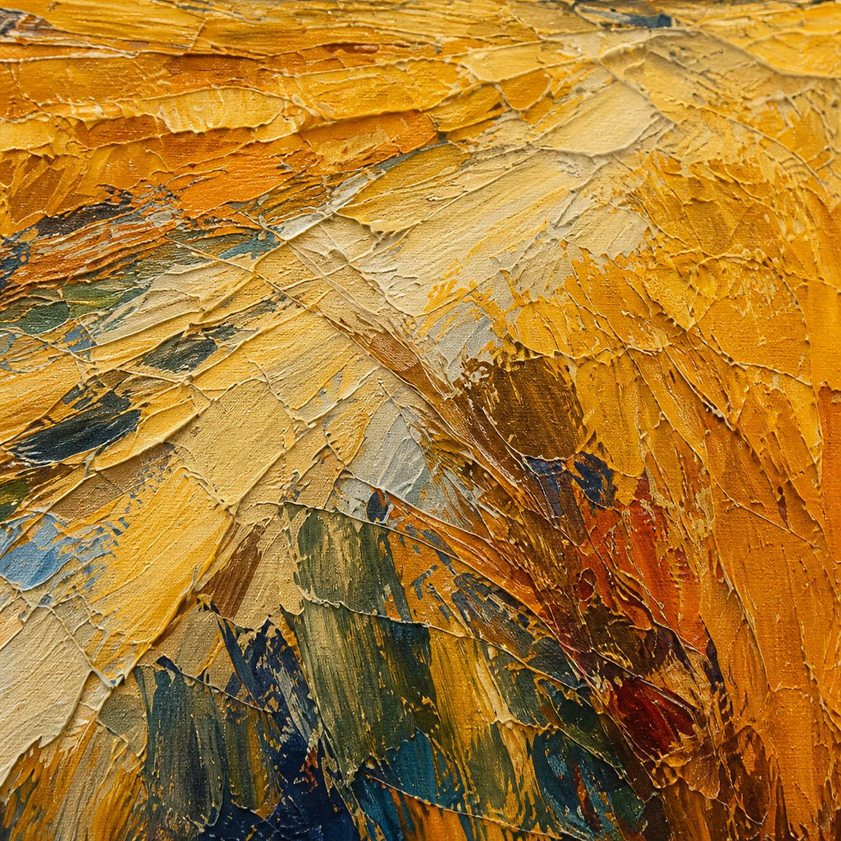 Close-up of thick golden, cream, and blue palette-knife texture.