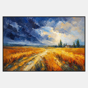 Hand-painted golden field beneath a dramatic cobalt and cream sky.