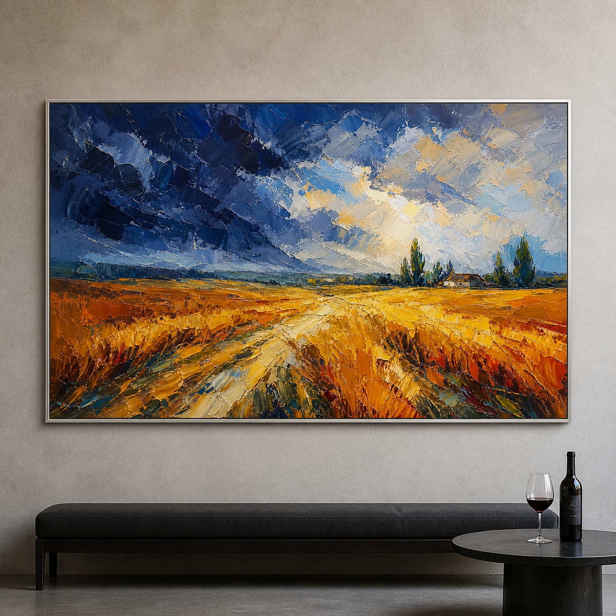 Textured countryside landscape displayed in an upscale winery tasting room.