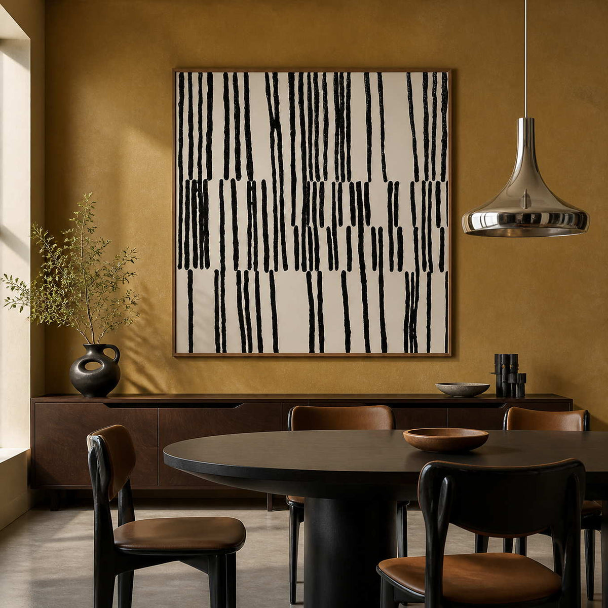 Wood framed black stroke artwork above a sideboard beside a dark dining table.