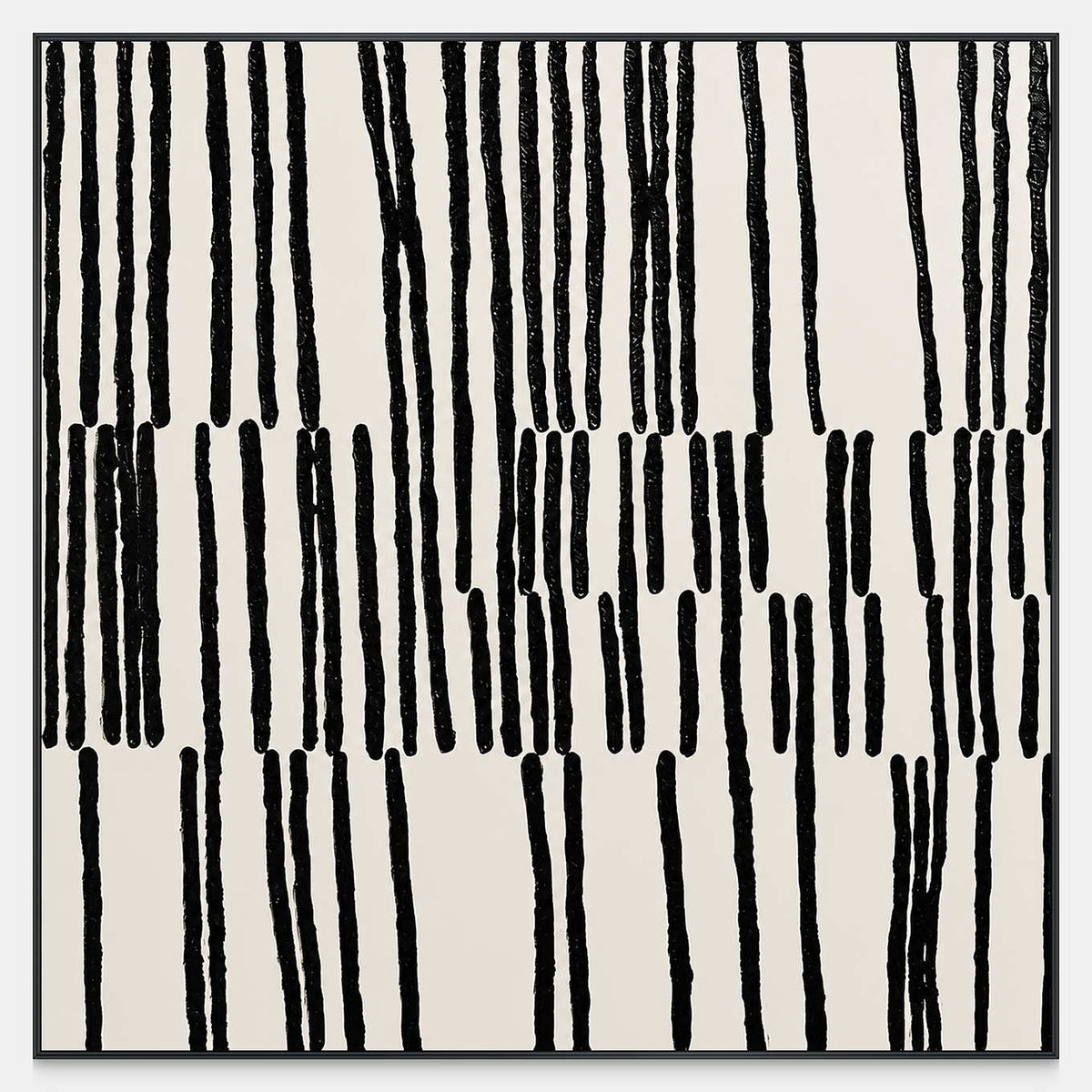Square off-white abstract artwork with irregular black strokes in shifting rows.