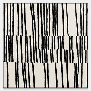 Square off-white abstract artwork with irregular black strokes in shifting rows.