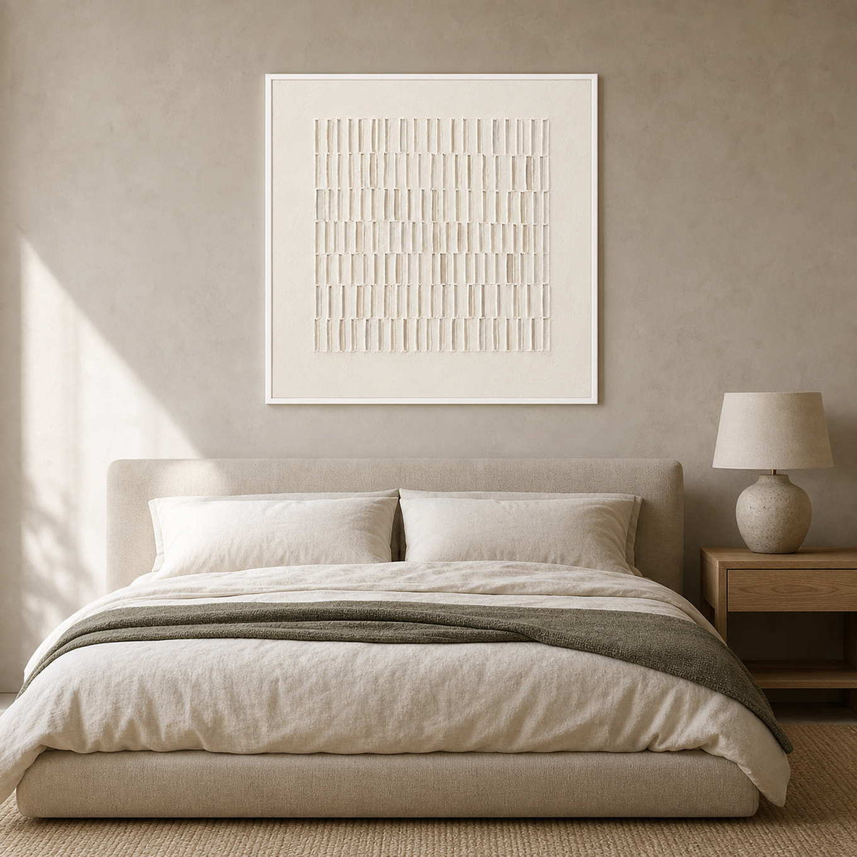 White relief artwork in a calm linen bedroom with soft neutrals.