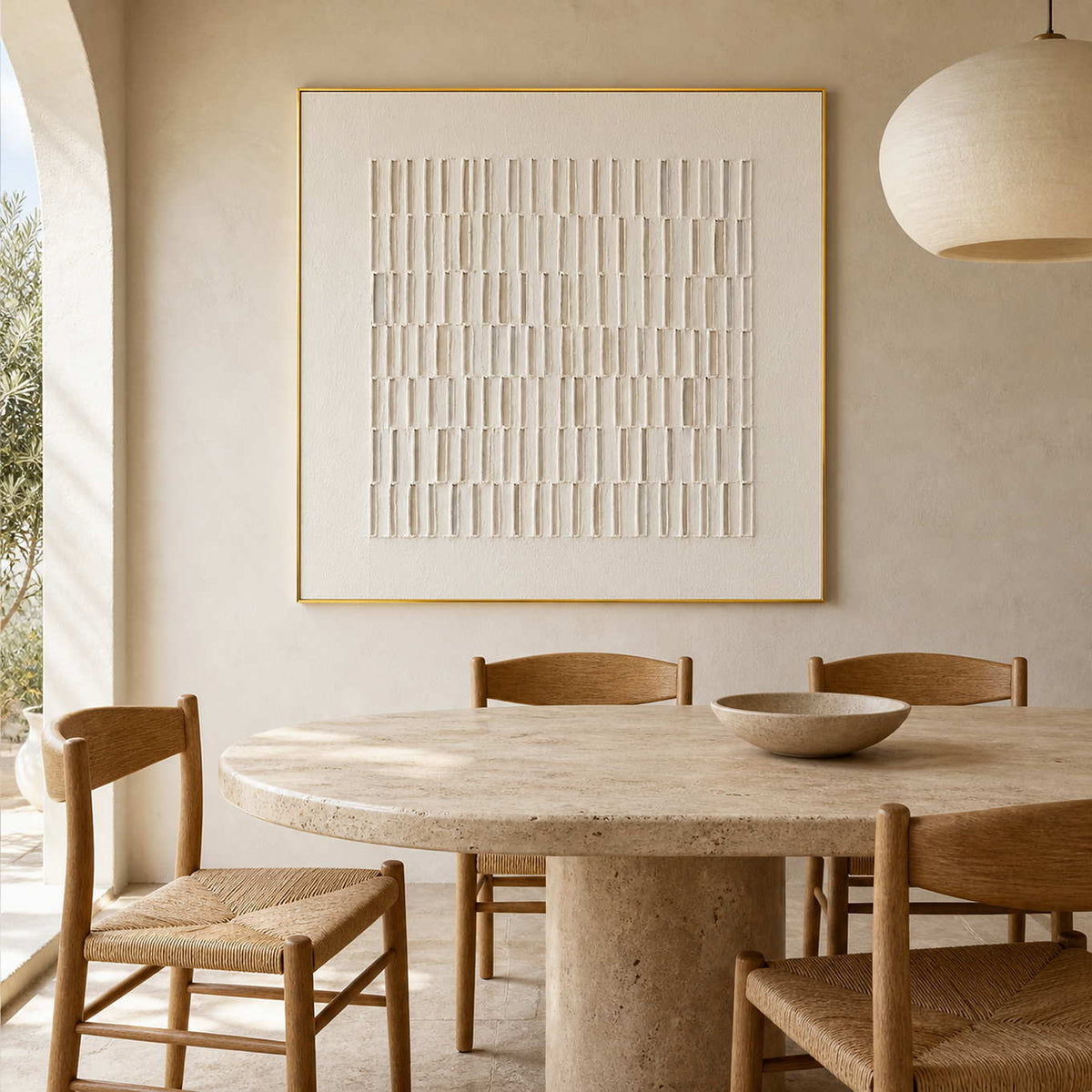 Neutral textured wall art above a travertine dining table.