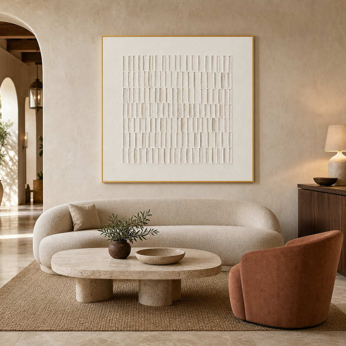Textured neutral wall art in a modern Mediterranean hotel lobby.