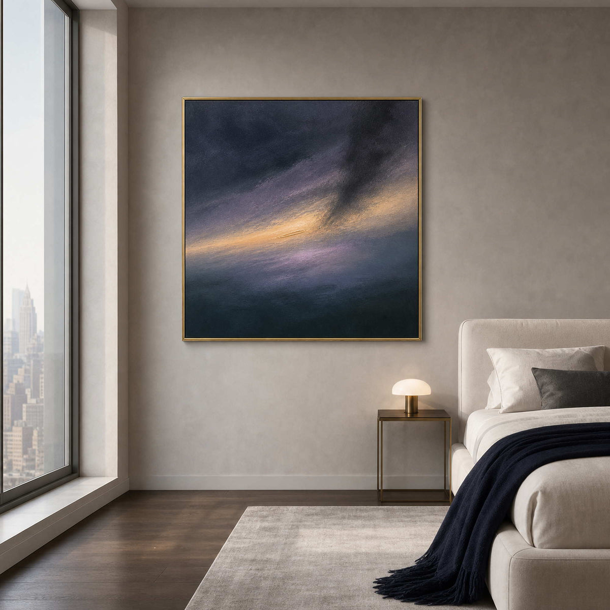 Moody navy wall art styled above a Manhattan high-rise bedroom.