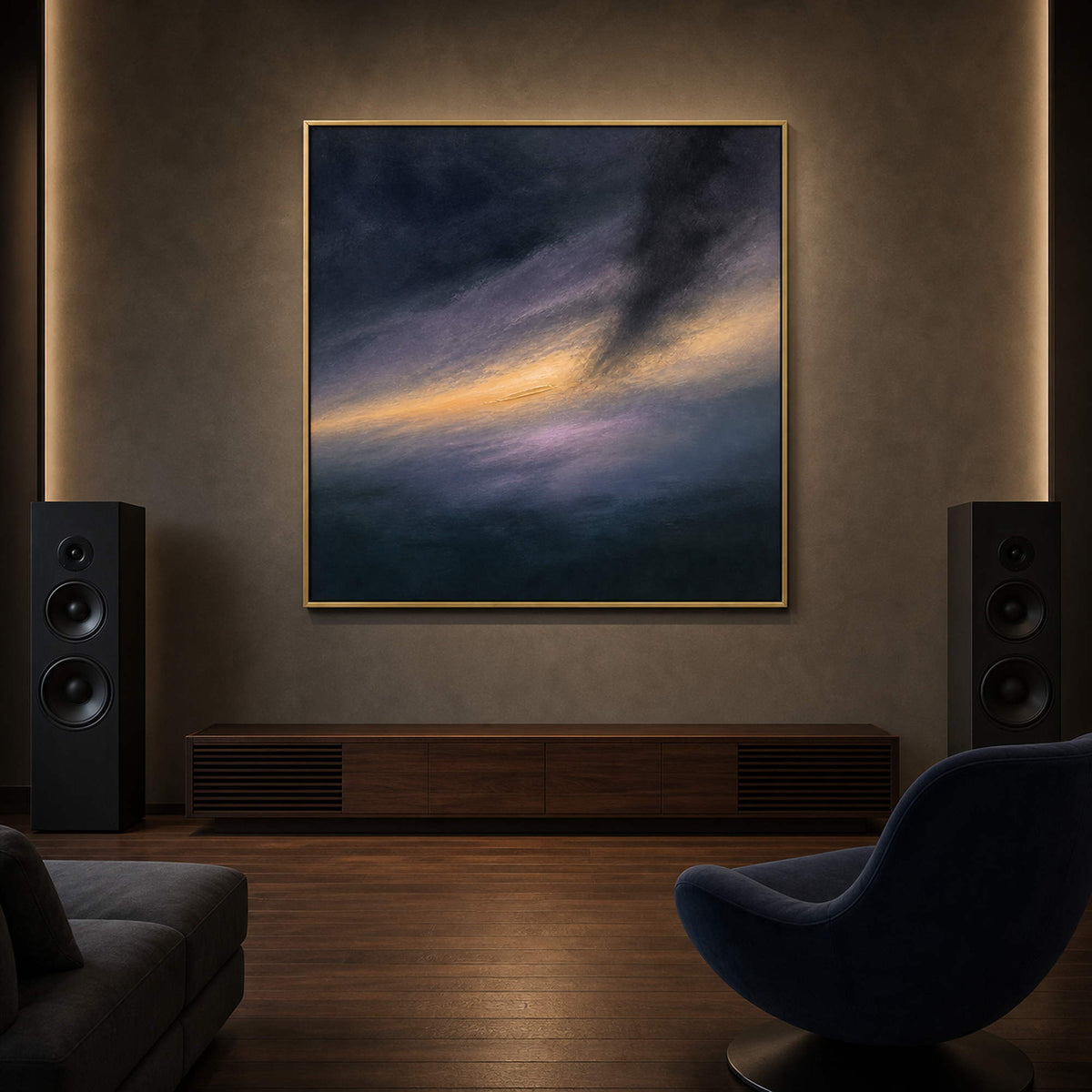 Atmospheric abstract canvas styled in a music producer listening room.