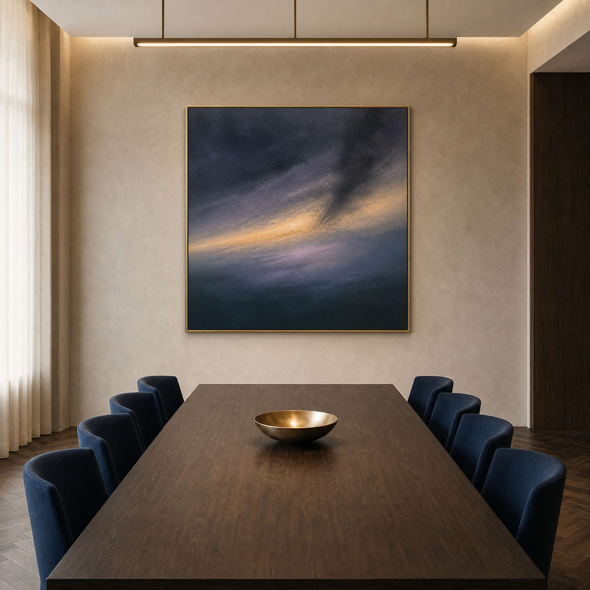 Square dark wall art displayed in a luxury brand boardroom.
