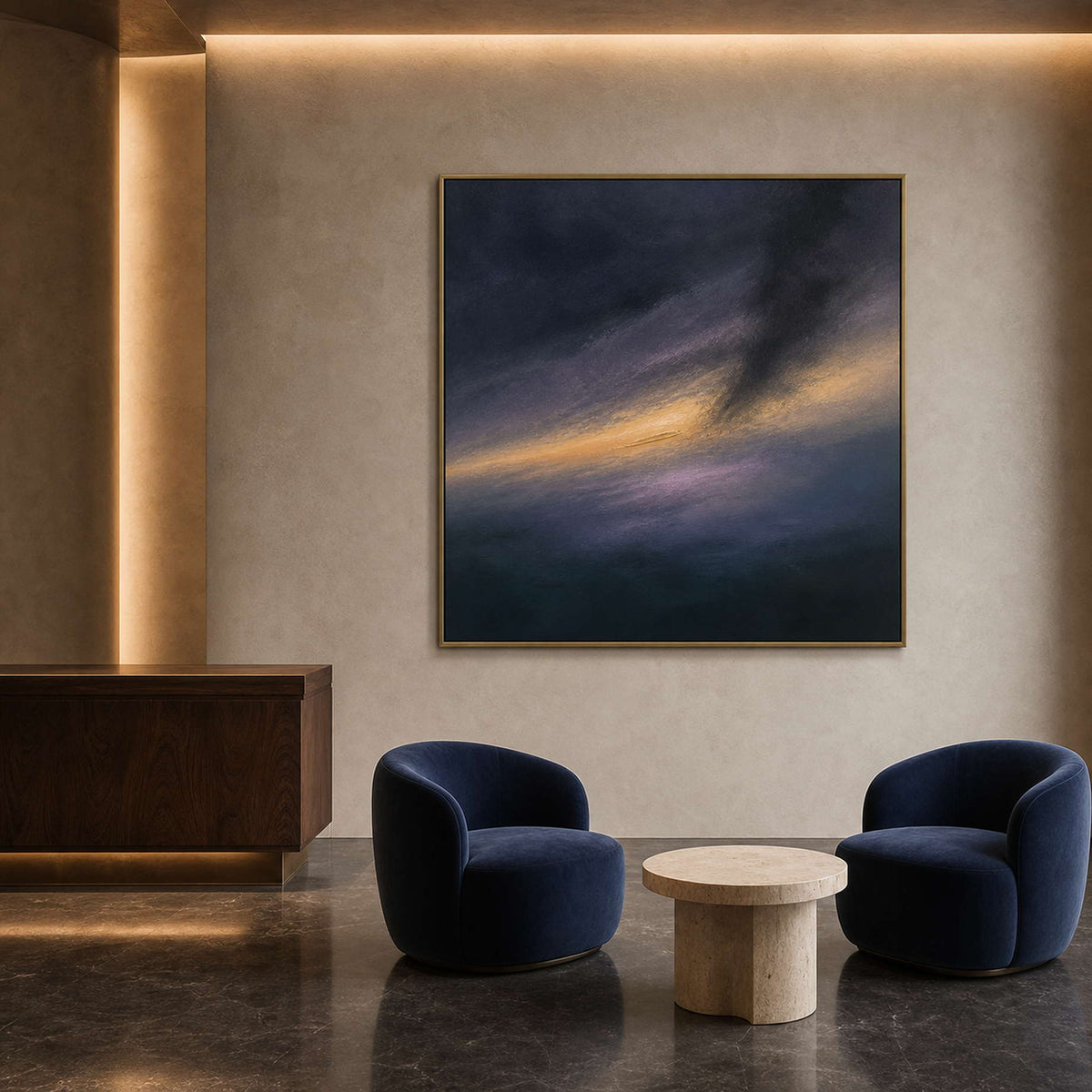 Square dark abstract painting displayed in a Milan design hotel lobby.