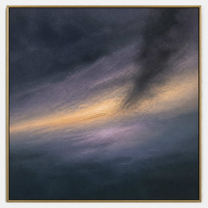 Hand-painted atmospheric canvas in navy, charcoal, lavender, and muted gold.