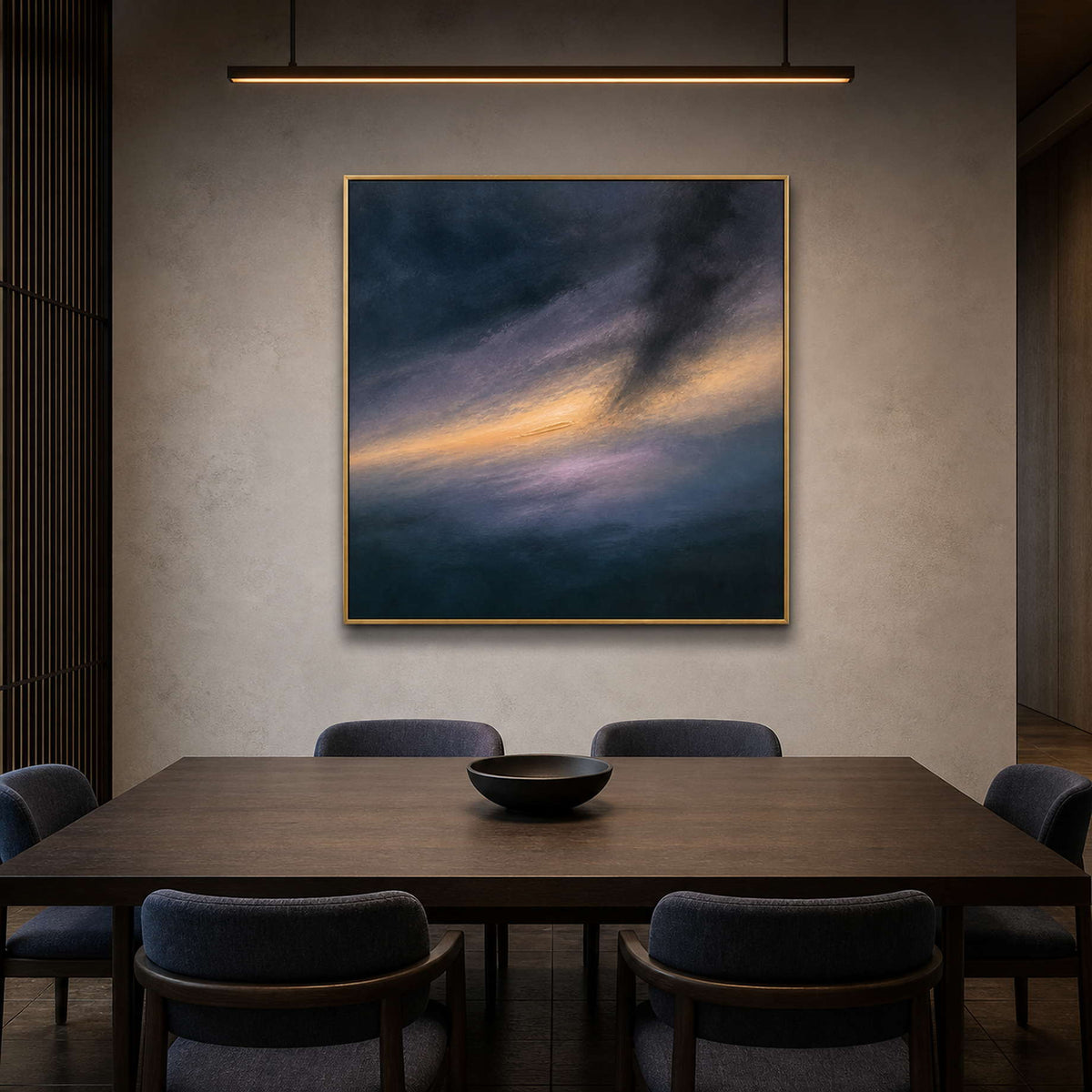 Navy and gold abstract painting displayed in a Tokyo dining room.