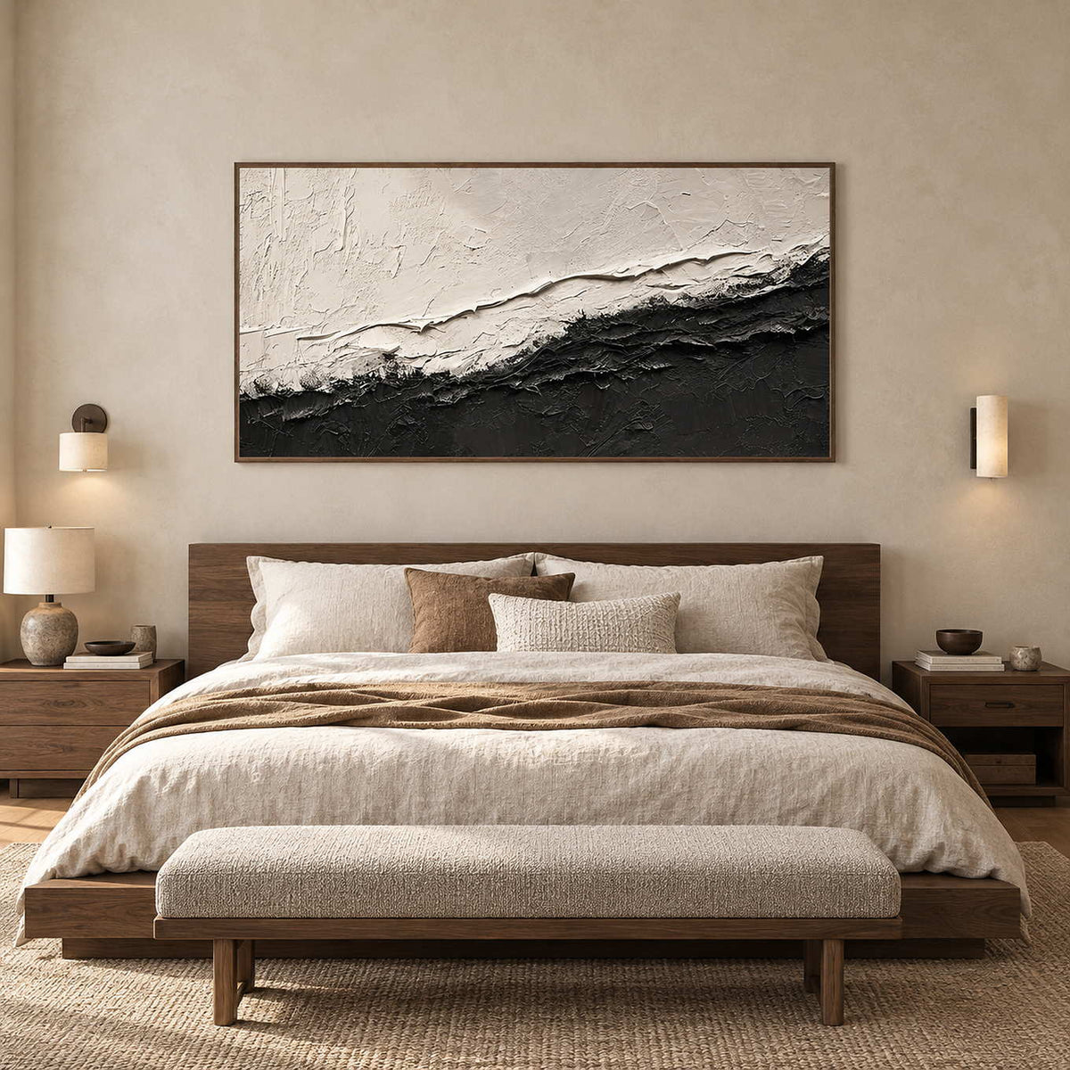 Rough-edged black-and-white abstract above a wooden bed with neutral bedding.