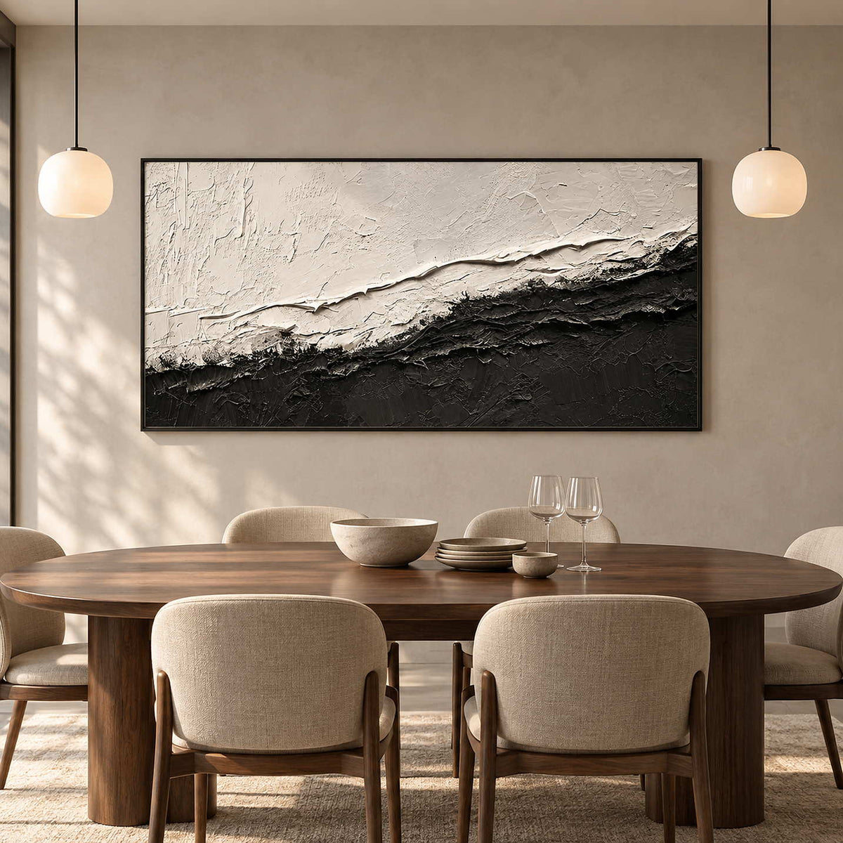 Diagonal monochrome abstract behind a wooden dining table beneath two globe pendant lights.