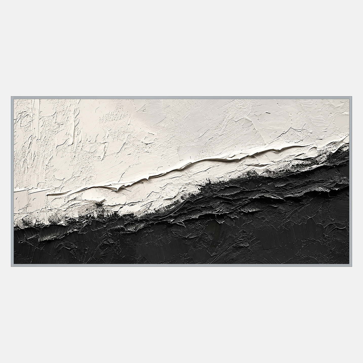 Horizontal black-and-white abstract with a rough diagonal boundary rising rightward between off-white above and black below.