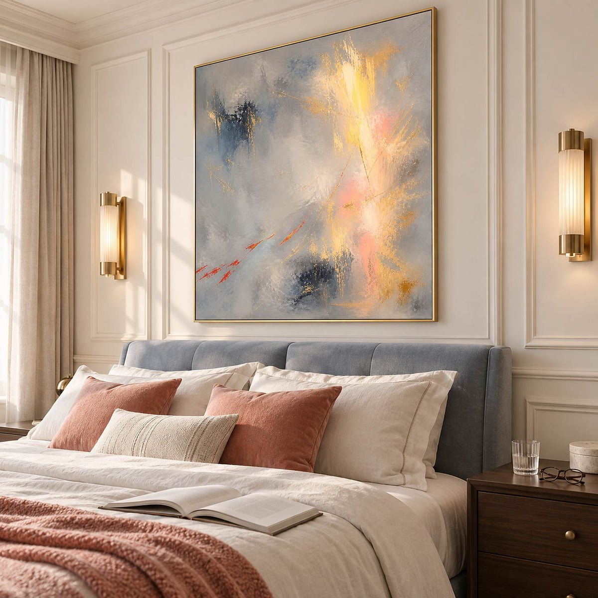 Blue-gray abstract painting with gold, blush, and dark blue marks in a gold frame in a bedroom.