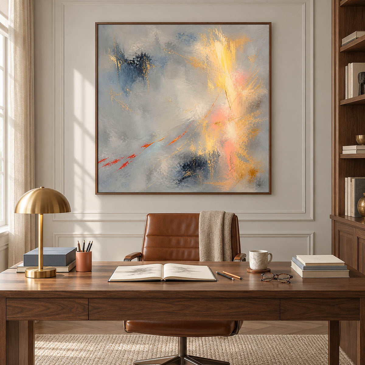 Blue-gray abstract painting with gold, blush, and dark blue marks in a brown wood frame in a home office.