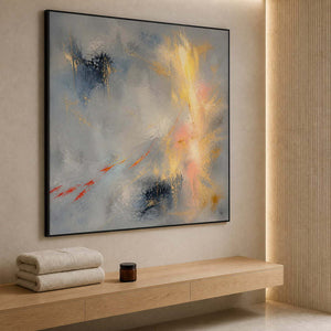 Blue-gray textured abstract wall art in a serene dry bathroom area.