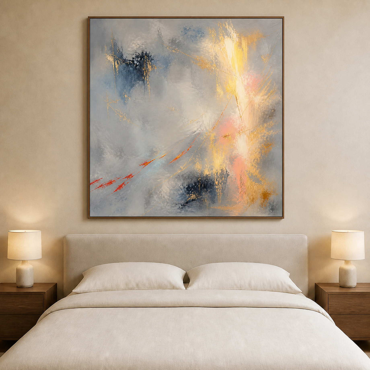 Softly luminous abstract wall art styled above a neutral modern bed.