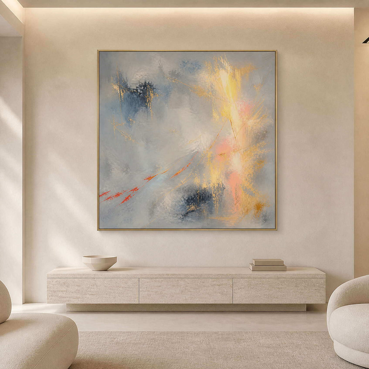 Luminous square abstract wall art in a warm modern living room.