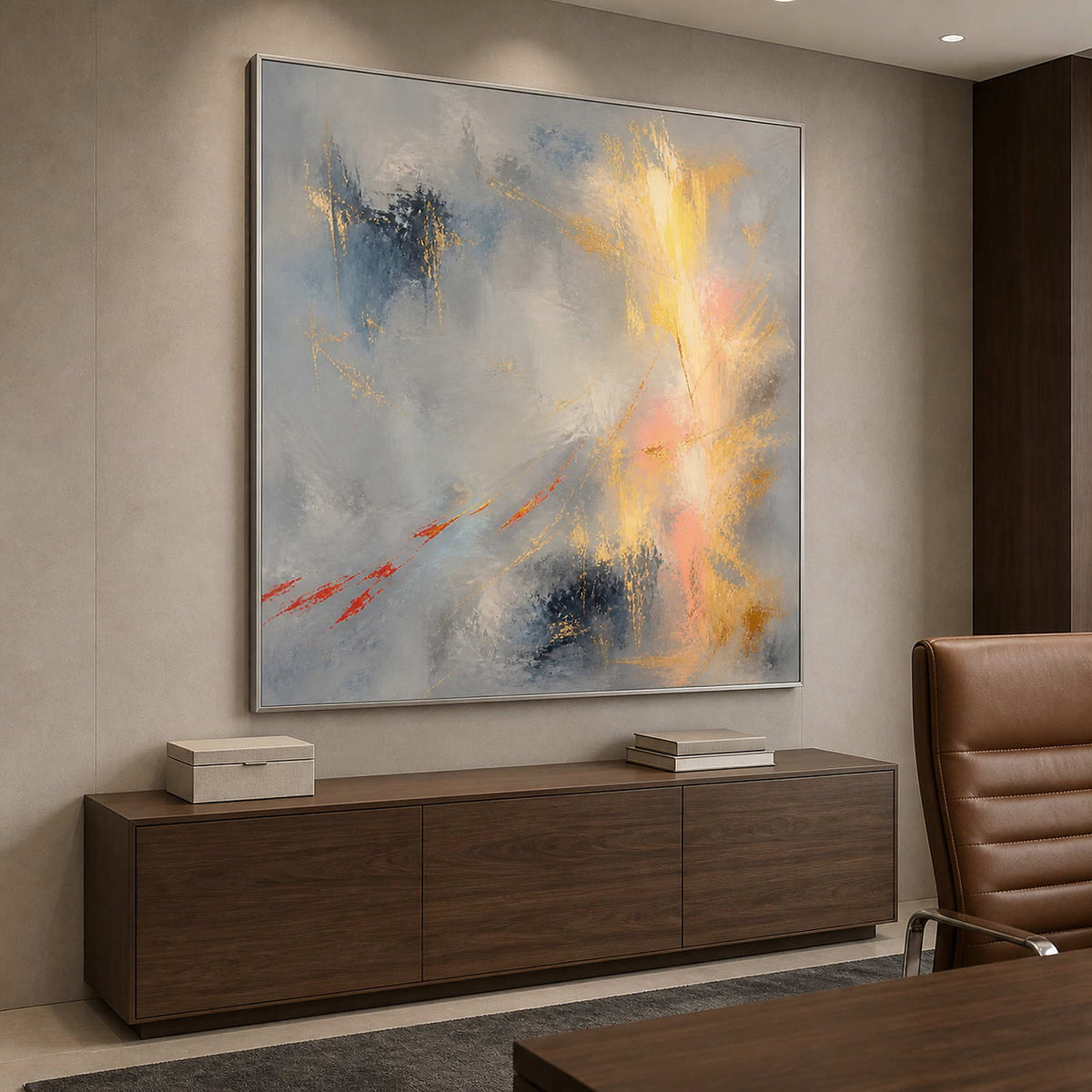Square textured abstract canvas bringing warm light to an office.