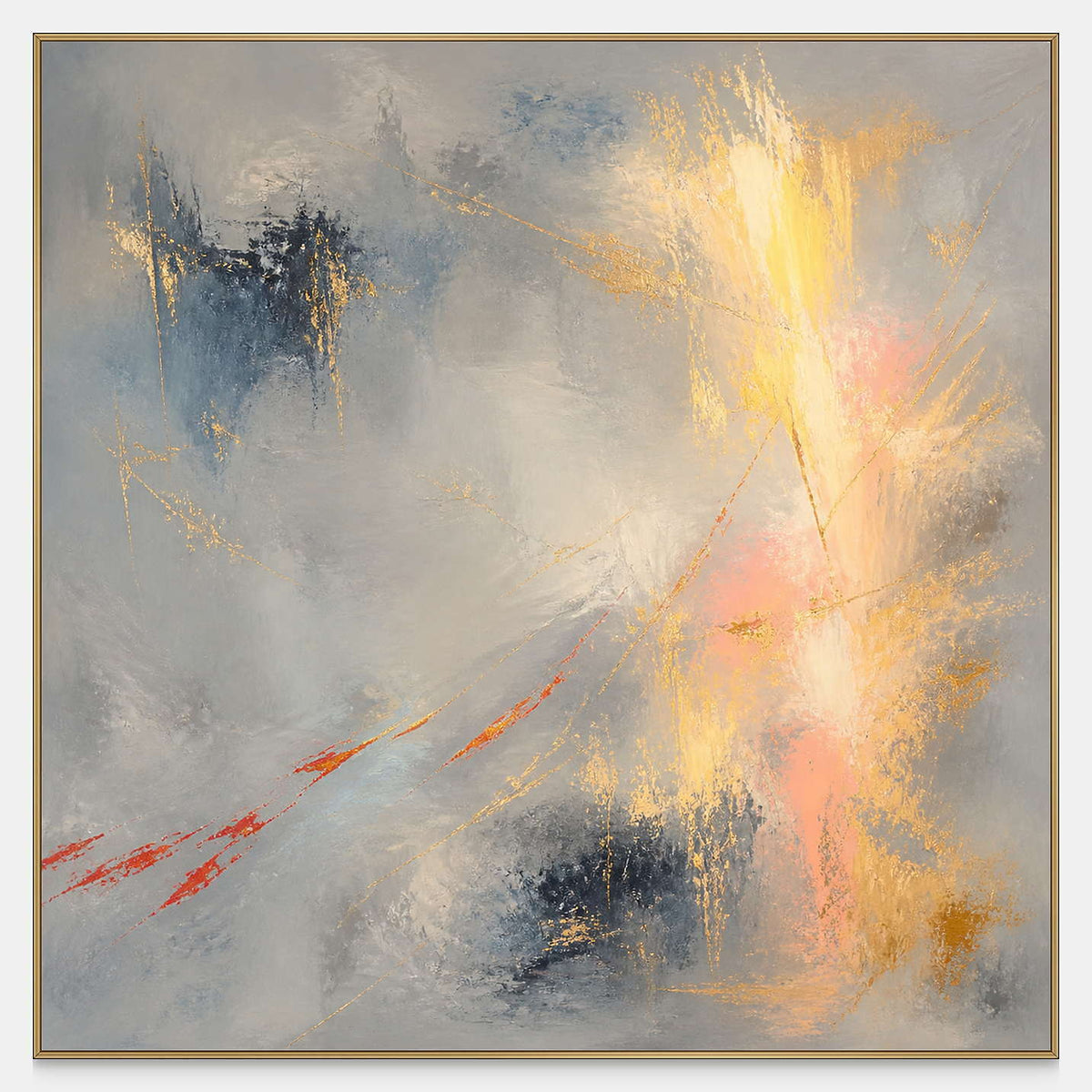 Hand-painted square abstract canvas in blue-gray, gold, blush, and navy.