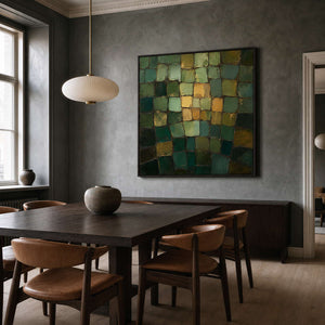 Forest green and gold abstract wall art in a refined dining room.