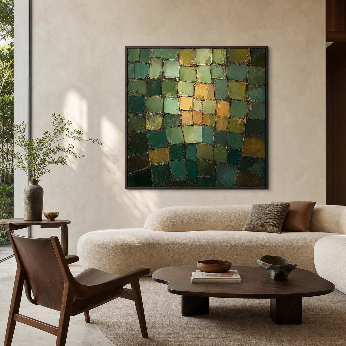 Textured green abstract wall art displayed in a bright modern living room.