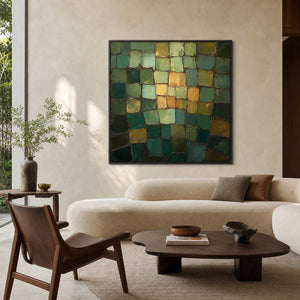 Textured green abstract wall art displayed in a bright modern living room.