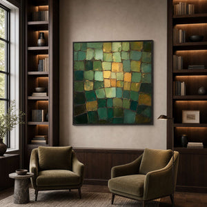 Layered green abstract wall art displayed in a contemporary private library.