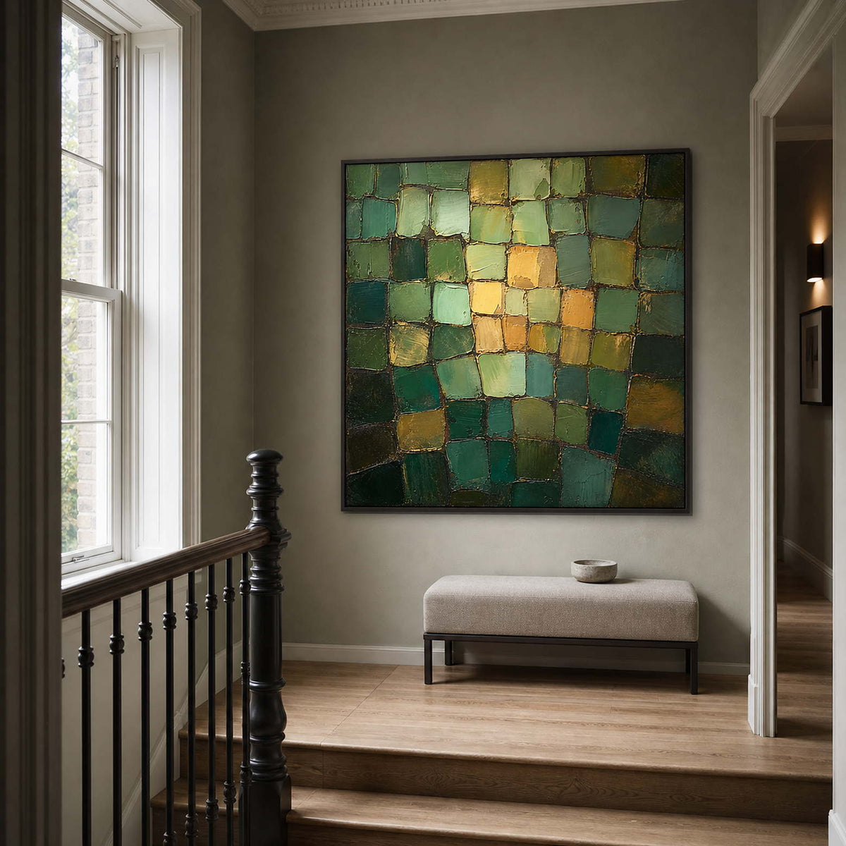 Square green abstract wall art styled on a London stair landing.